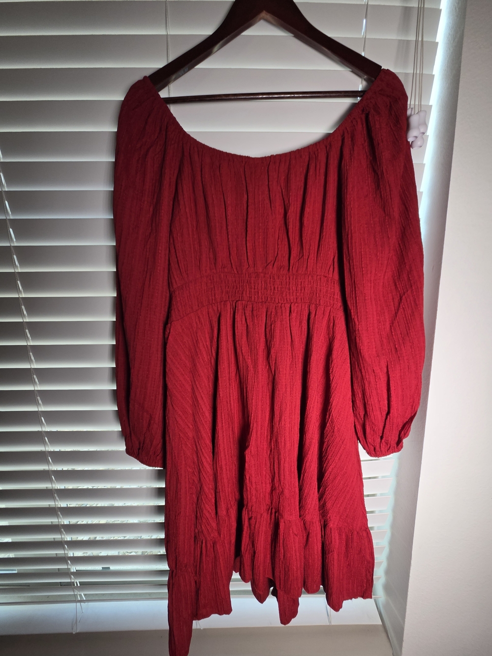 Off-Shoulder Red Long-Sleeve Smocked Waist Dress